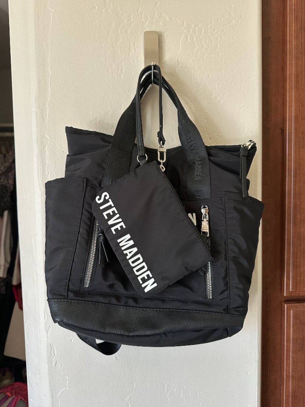 Steve Madden Black Nylon Convertible Tote Backpack with Wristlet -2-Piece Set